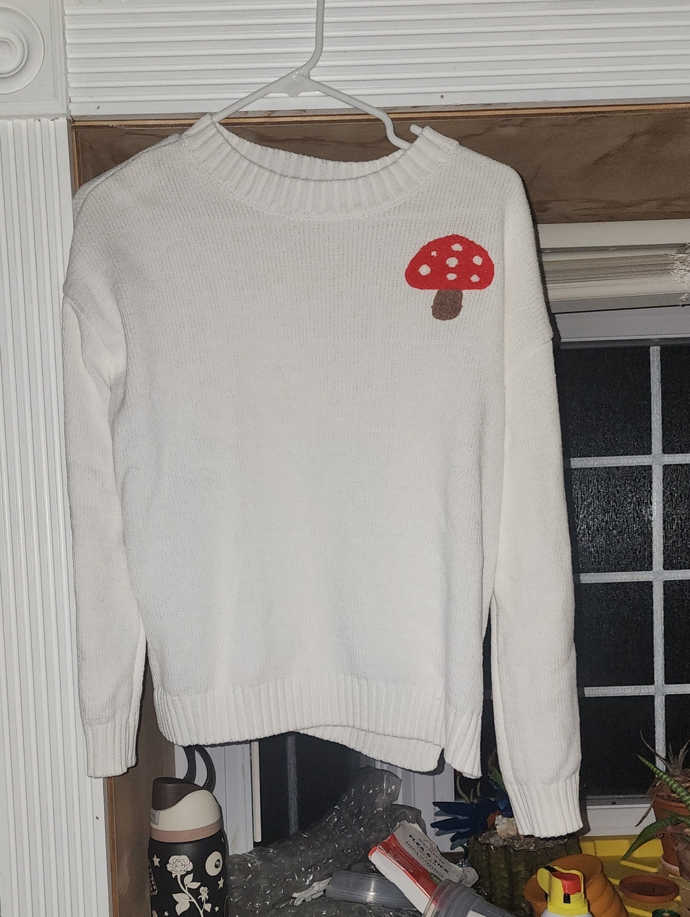 Jessica Simpson White Crewneck Sweater with Red Mushroom Appliqué